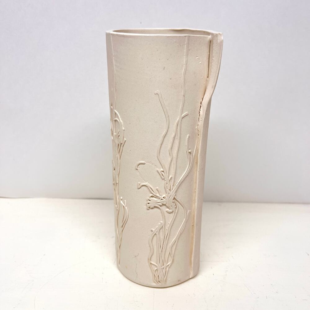 Handmade 7" Unglazed Ceramic Bisque Vase with Embossed Spaghetti Relief R Batra